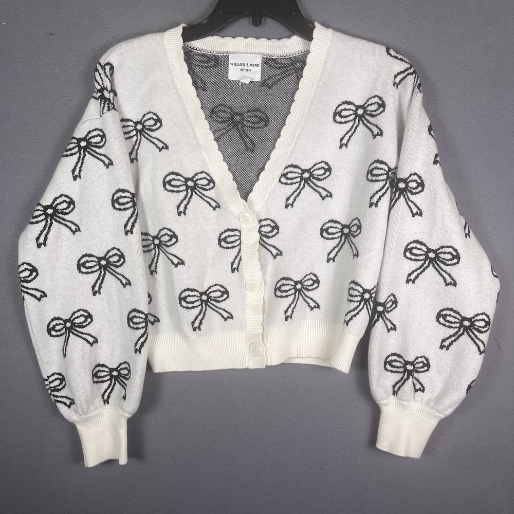 Willow and Wind Bow Cardigan White, Black V-Neck Long Sleeve Sz Medium